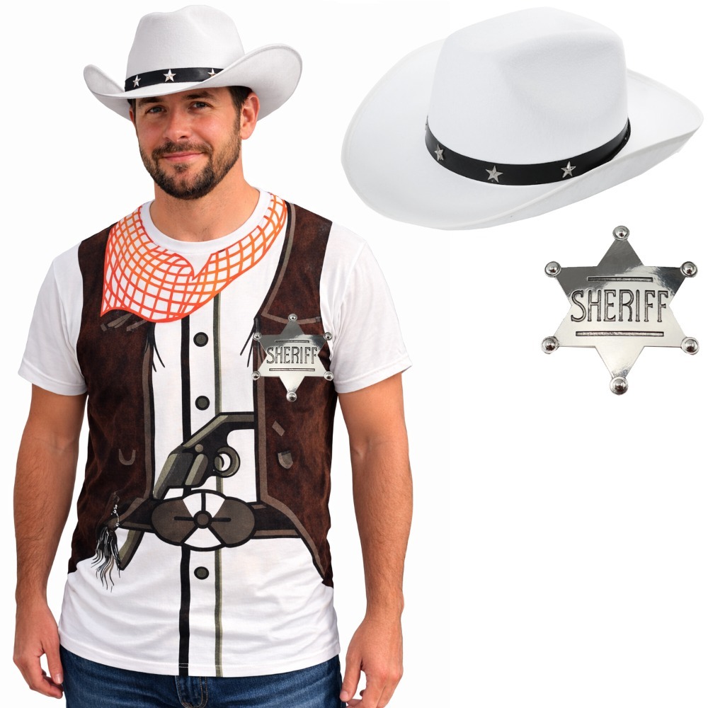 Click to view product details and reviews for Adults Cowboy Costume 3 Pcs T Shirt White Cowboy Hat Silver Badge Large.