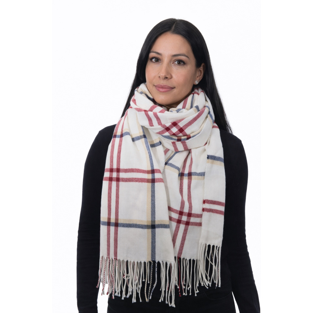 Checked Scarf Supersoft Signature Luxoruous Accessory Gift Packaged - Cream, Navy & Red