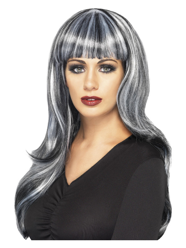 Click to view product details and reviews for Sinister Siren Wig Black Grey With Fringe.