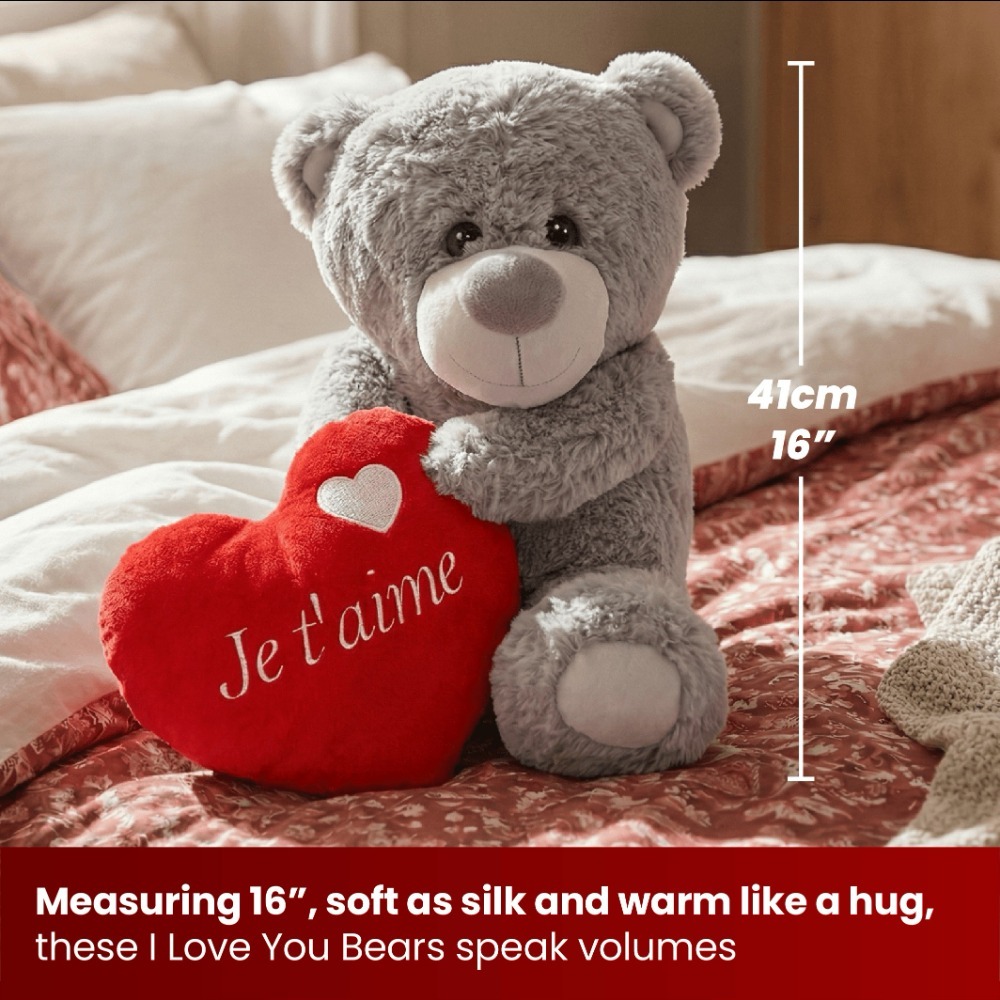 Valentines Day Hamper | 3 Pcs | Grey 'Je T'aime' Teddy, Rose & Candle