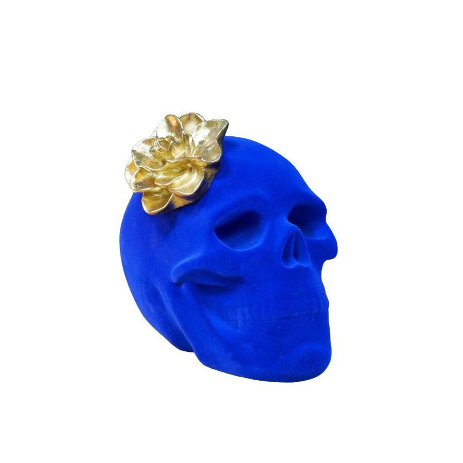 Skull with Flower Ornament Blue Velvet Figurine Maximalist Gothic Home Decor