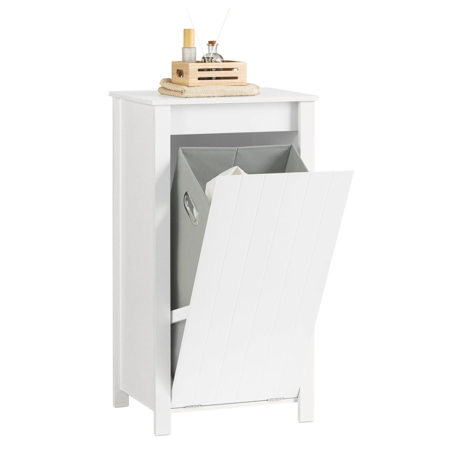 SoBuy BZR100-W, Bathroom Storage Cabinet with Fold-Out Laundry Basket – Laundry Cabinet with Carry Handles – Moisture-Resistant Wooden Bathroom Furniture for Small Spaces, White, 45x85.5x35cm