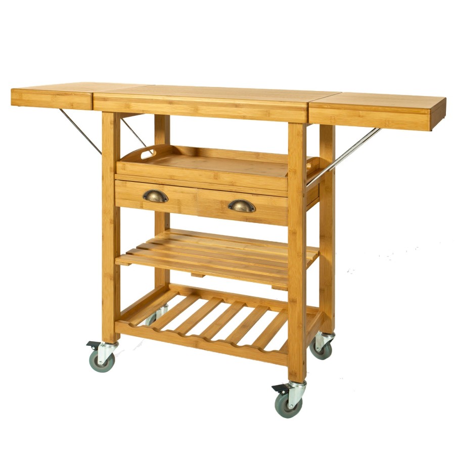Sobuy Fkw25 N Extendable Bamboo Kitchen Trolley Cart With 2 Folding Hinged Side Boards Wood