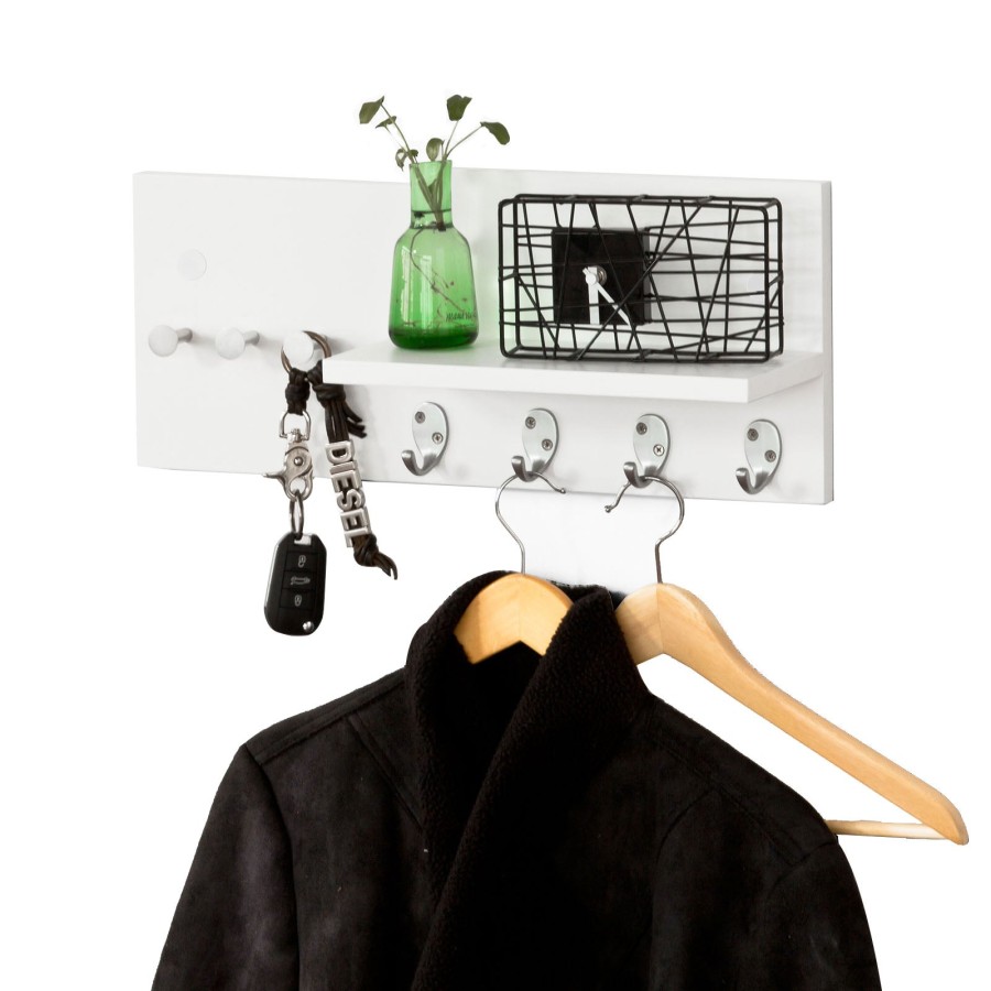 SoBuy FRG54-W, Wall Coat Rack with 7 Hangers and Storage Shelf, White