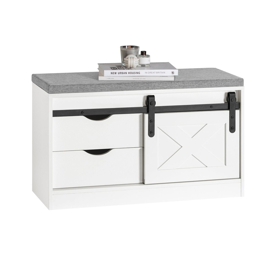 SoBuy FSR153-W, Hallway Shoe Bench Shoe Rack Shoe Cabinet with a Sliding Door and Seat Cushion White W80 x D30 x H49cm