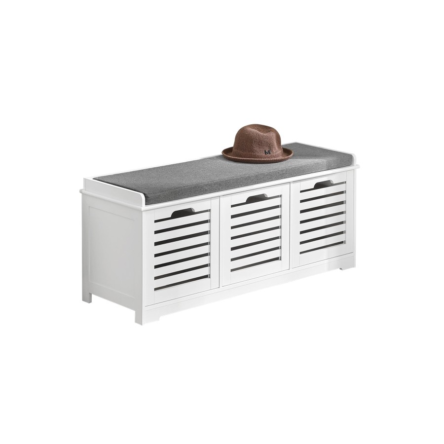 SoBuy FSR23-W, White Storage Bench with 3 Drawers & Removable Seat Cushion, Shoe Cabinet Shoe Bench, White