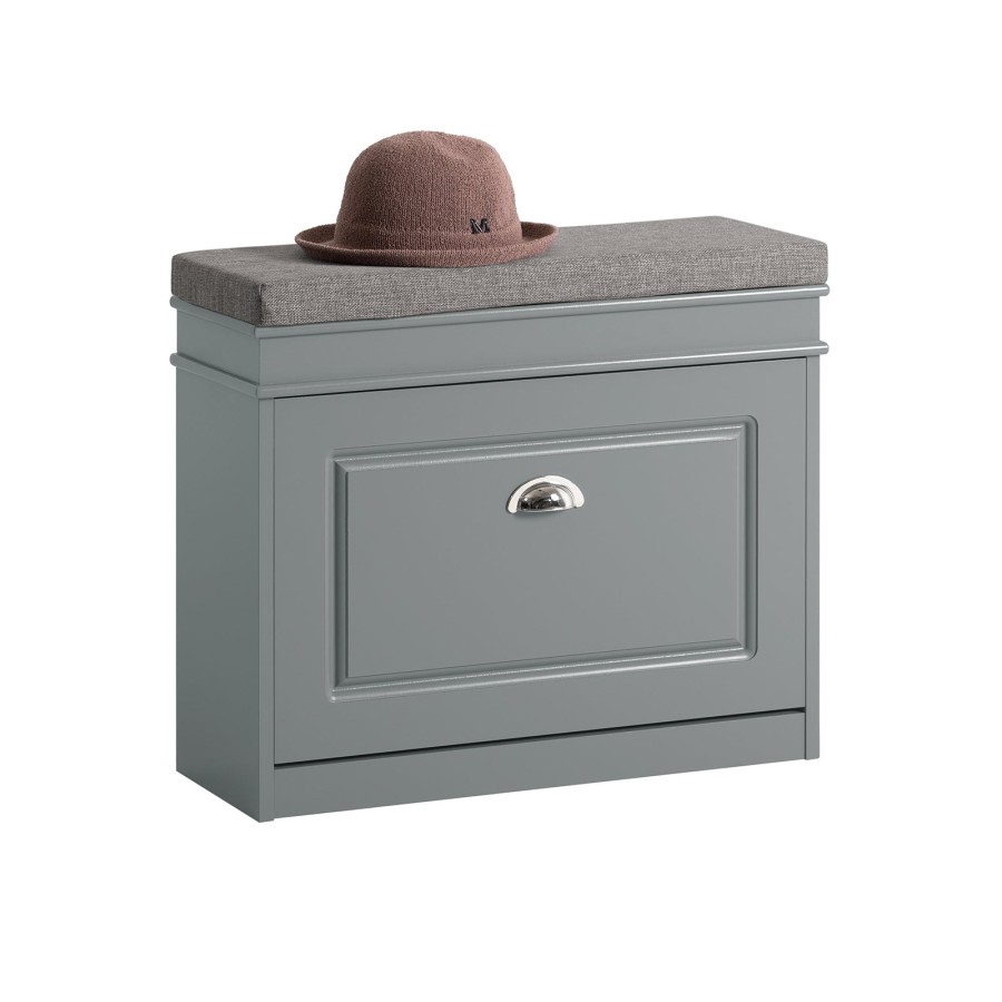SoBuy FSR82-K-HG, Shoe Storage Bench with Seat Cushion - Narrow Shoe Cabinet with Flip Drawer, 2-Tier Rack, 150kg Load - Compact Hallway Storage Unit for Small Spaces Grey W61 x D24 x H51cm