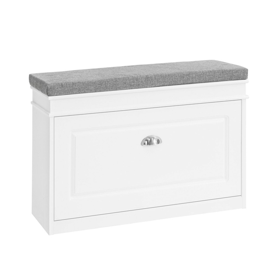 SoBuy FSR82-L-W, Hallway Shoe Bench Shoe Rack Shoe Cabinet with Flip-drawer and Seat Cushion, White, W75 x D24 x H51cm