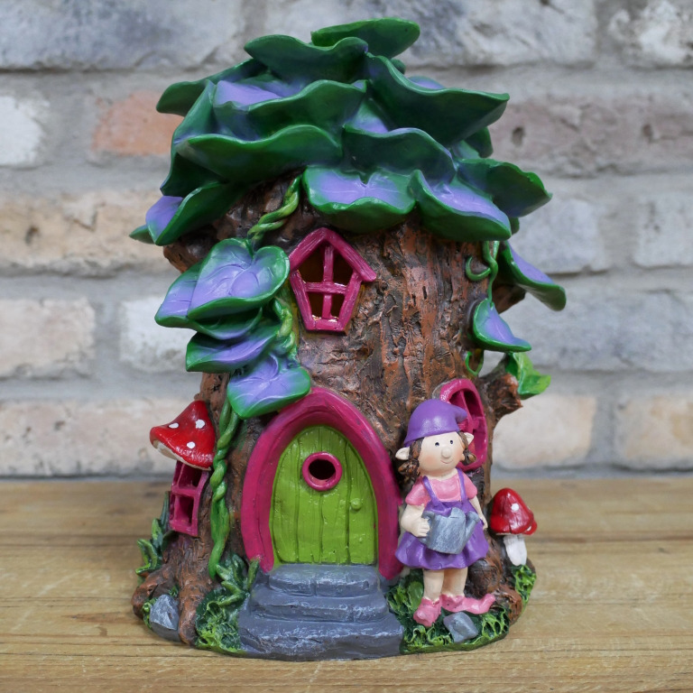Solar Outdoor Ornament Fairy House For Garden Decor Magic Purple Treestump