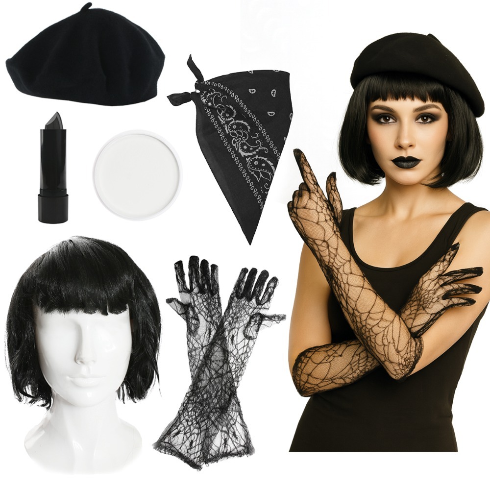 Click to view product details and reviews for Giant Peach Spider Lady Costume 6 Pcs Beret Wig Gloves Lipstick Face Paint Bandanna.