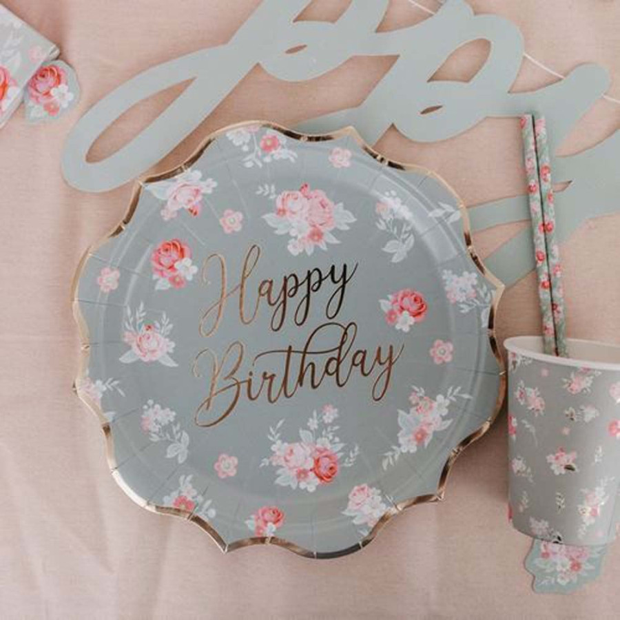 Click to view product details and reviews for Spring Roses Happy Birthday Plates Green Floral Partyware Gold Rim X8.