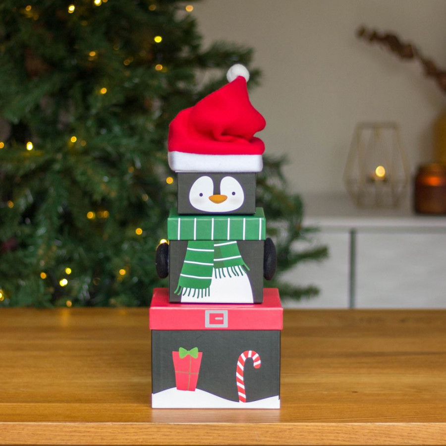 Stackable Penguin Christmas Gift Boxes - 3 Tier Set