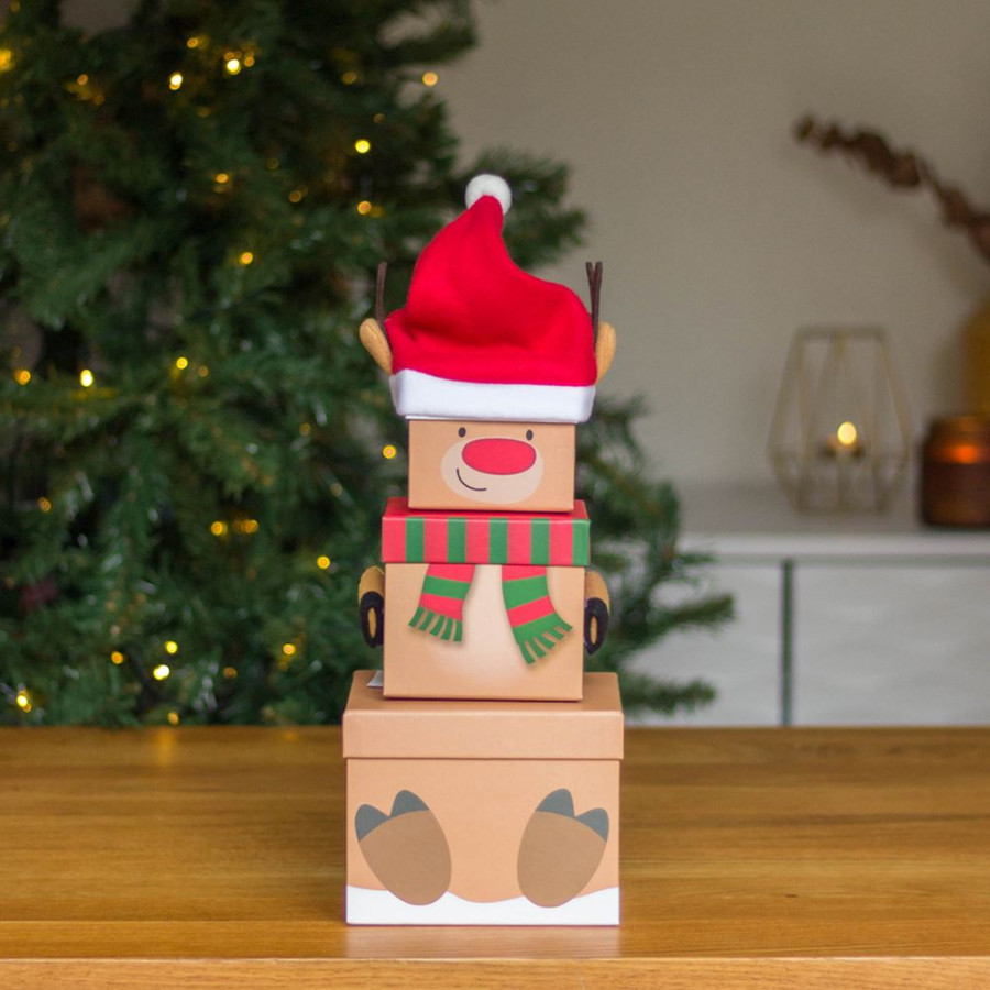 Stackable Reindeer Christmas Gift Boxes - 3 Tier Set