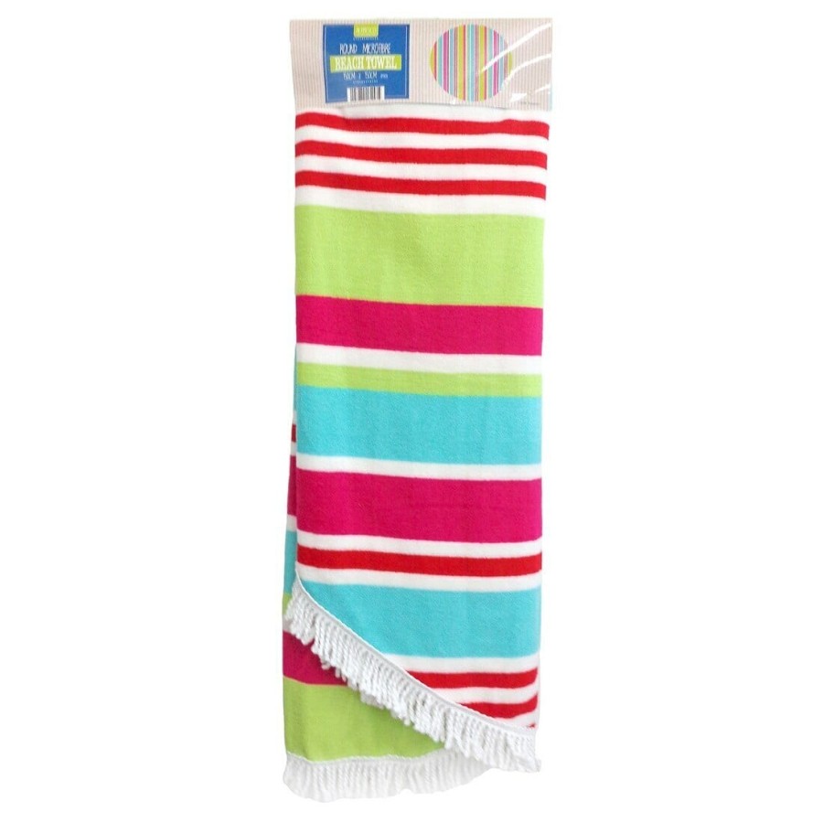 Striped Beach Towel Round Microfibre White Fringe 150cm