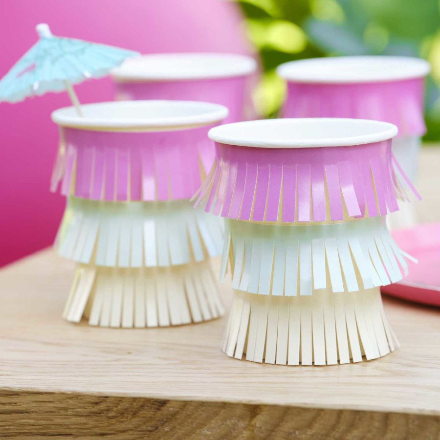 Click to view product details and reviews for Tassel Fringe Paper Cups With Flower Topper Multicolored Tropical Party X 8.
