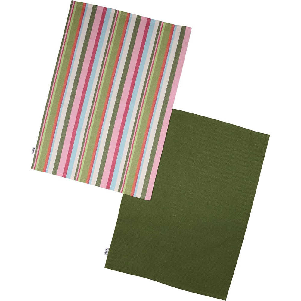 Tea Towels Set 2 Cotton Dish Cloth Absorbent Recycled Home Striped Mixed Green