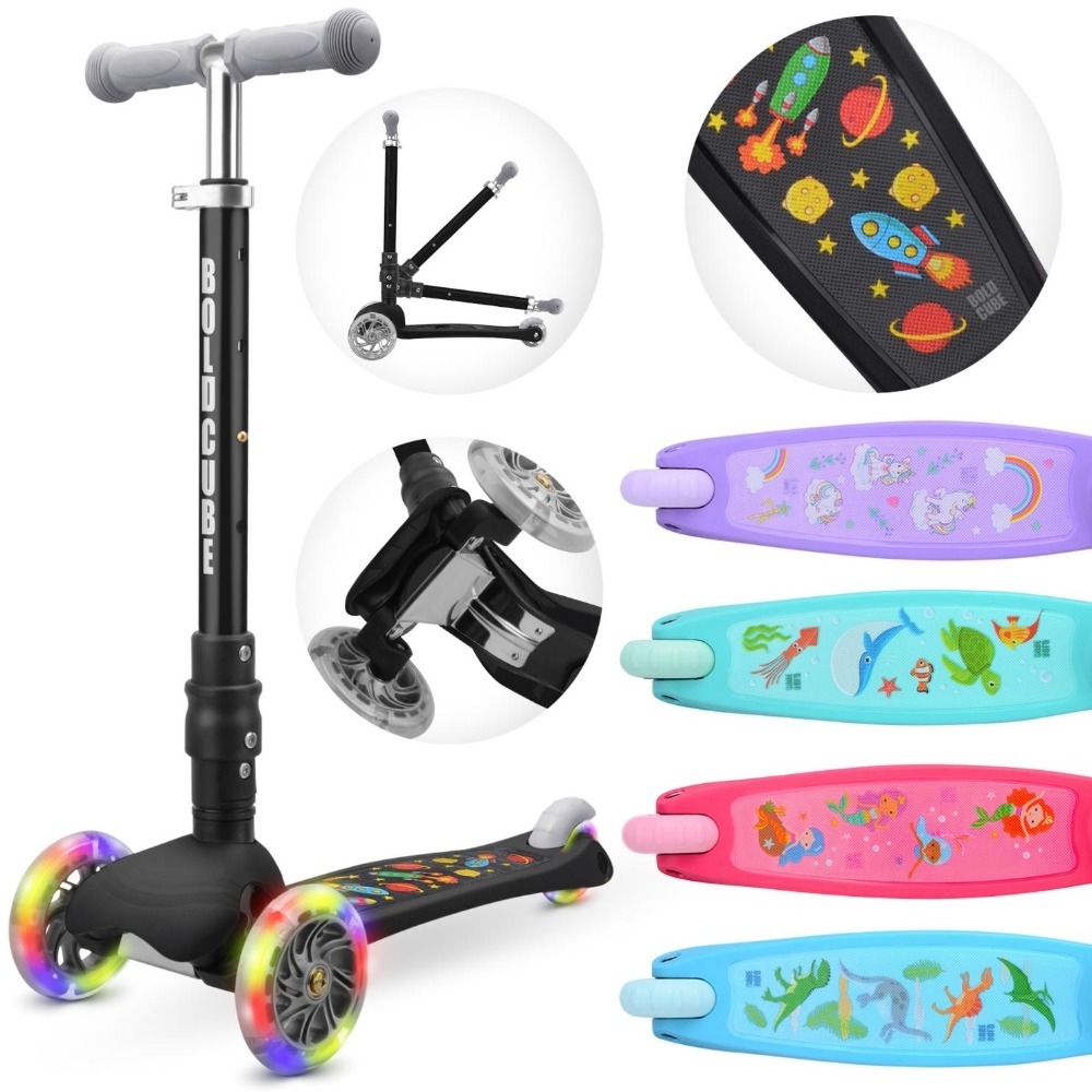 Teeny Foldable 3 Wheel Scooter for Kids Age 2-8 Year Old - Height Adjustable Push Scooter with LED Flashing Wheel Lights - Black Rocket