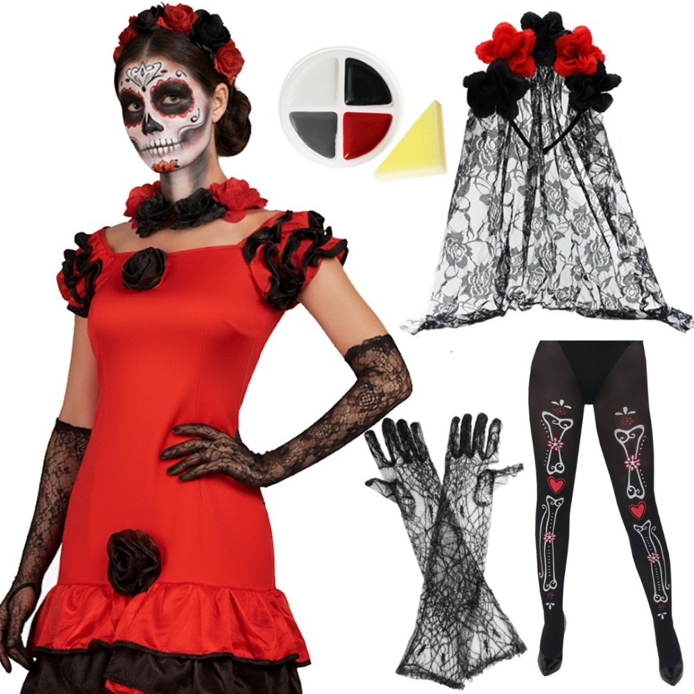 Click to view product details and reviews for Ladies Day Of The Dead Halloween Costume 5 Pcs Rumba Dress Tights Veil Gloves Face Paint Large. Click to view product details and reviews for Ladies Day Of The Dead Halloween Costume 5 Pcs Rumba Dress Tights Veil Gloves Face Paint Large.