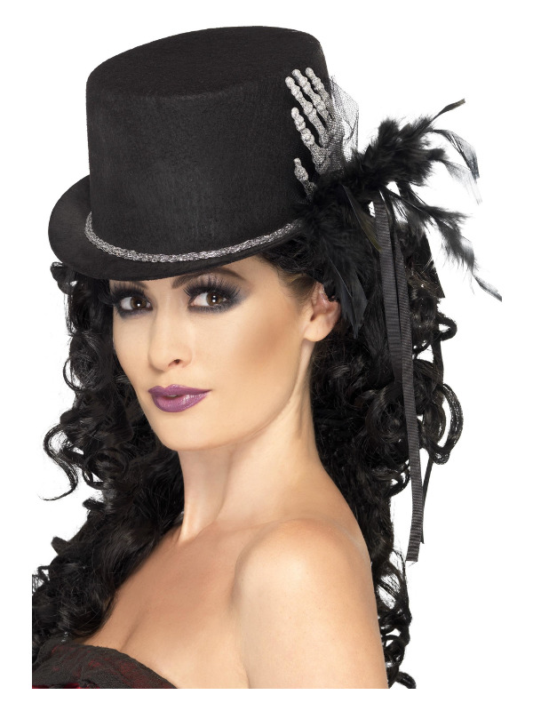 Click to view product details and reviews for Top Hat Black – With Skeleton Hand Feathers.