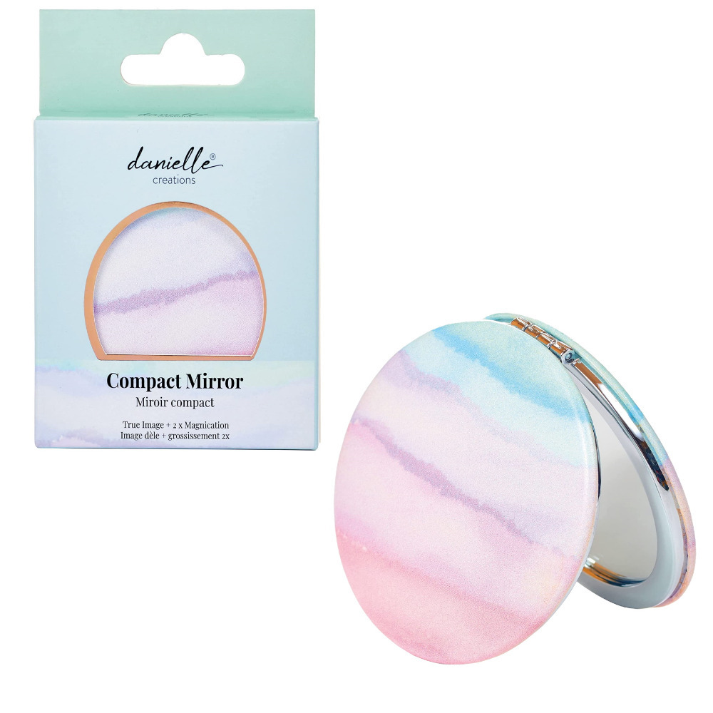 Travel Compact Mirror Makeup Folding Double Sided Pastel Pink & Purple Design