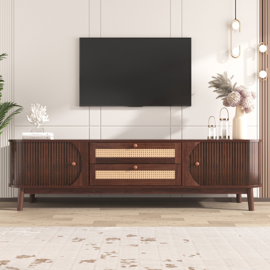 TV Cabinet - Natural Walnut Color Mixed TV Panel with Doors and Drawers. TV cabinet with rattan drawers, storage solution, natural country house style