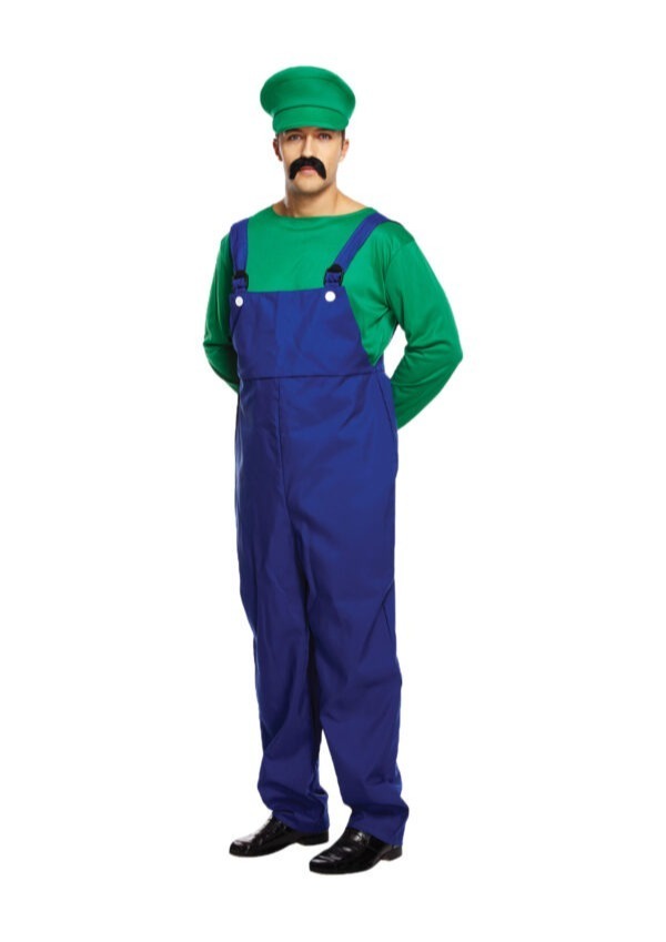 Mens Super Workman Duo Costume | 12 Pcs | Dungarees, Top, Hat, Gloves, Tash & Inflatable Banana