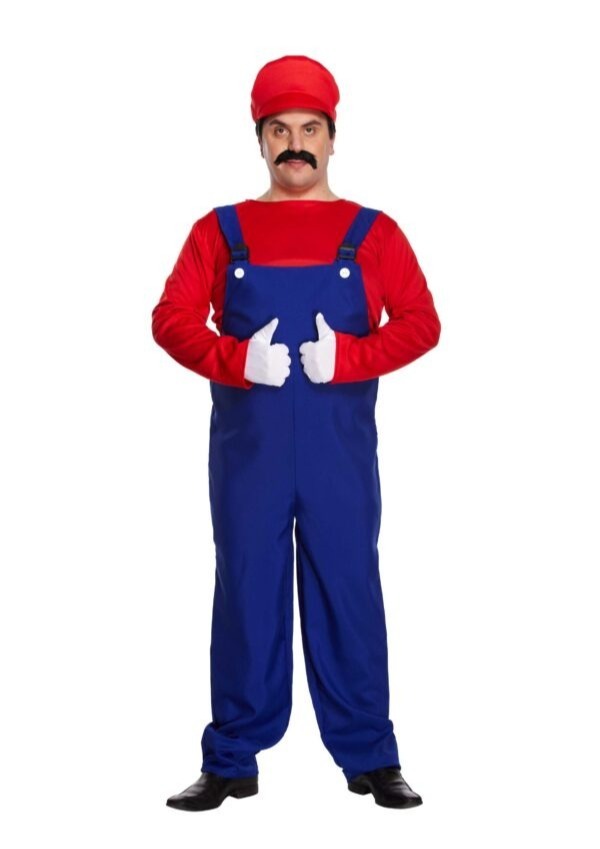 Mens Super Workman Duo Costume | 12 Pcs | Dungarees, Top, Hat, Gloves, Tash & Inflatable Banana