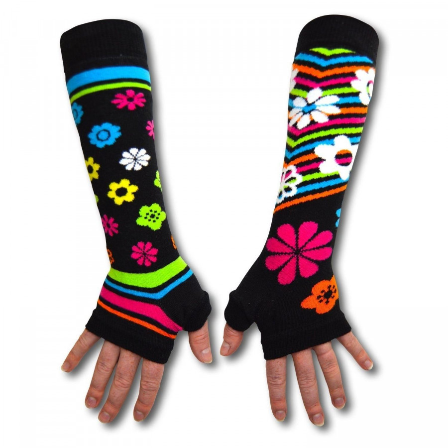 United Oddsocks Black Long Arm Warmer Sleeves Bright Flowers Fingerless Gloves