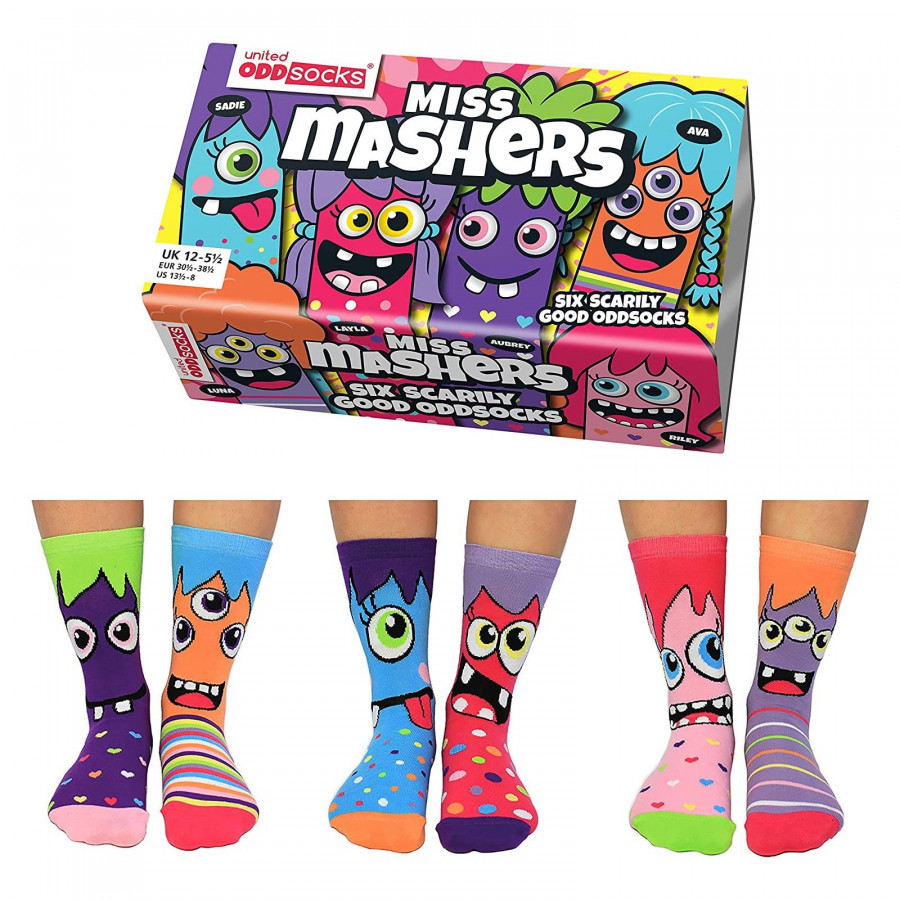 United Oddsocks Miss Mashers Mismatched Set Of 6 Girls UK 12-5.5 Odd Socks Gift