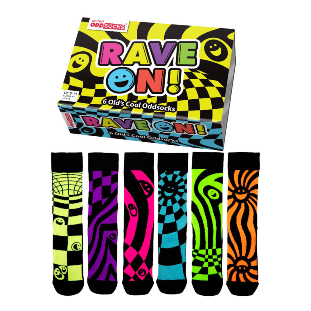 United Oddsocks Rave On Box Of 6 Colourful Cotton Socks Mens Womens UK 5-10