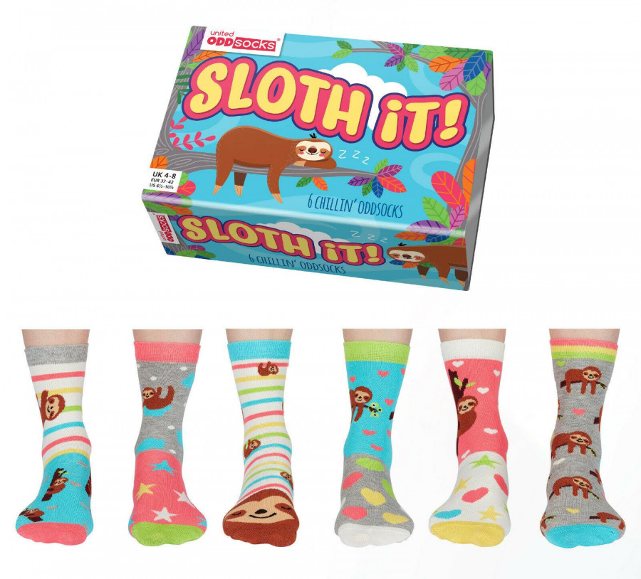 United Oddsocks Sloth It Box 6 Ladies Novelty Odd Socks Size UK 4-8 Womens Gift