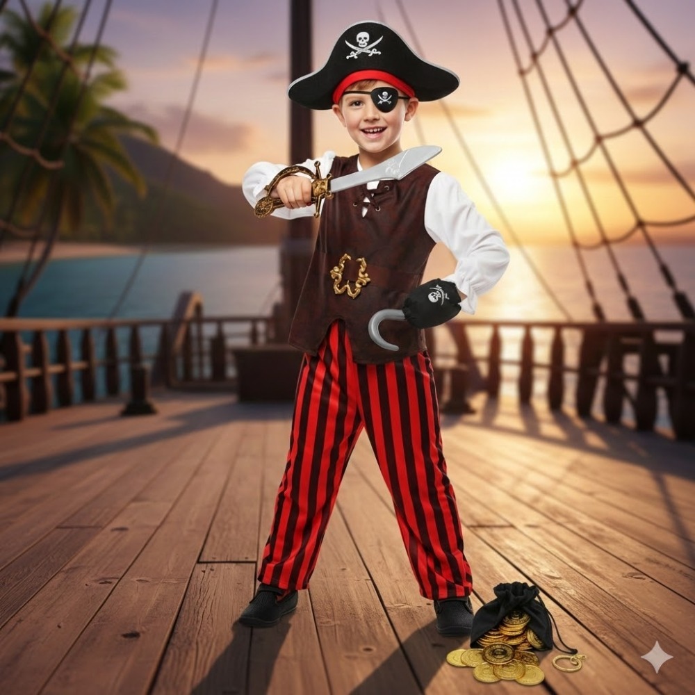 Boys Pirate Costume | 8 Pcs | Costume, Hats. Eye Patch, Earing, Coins, Hook & Sword