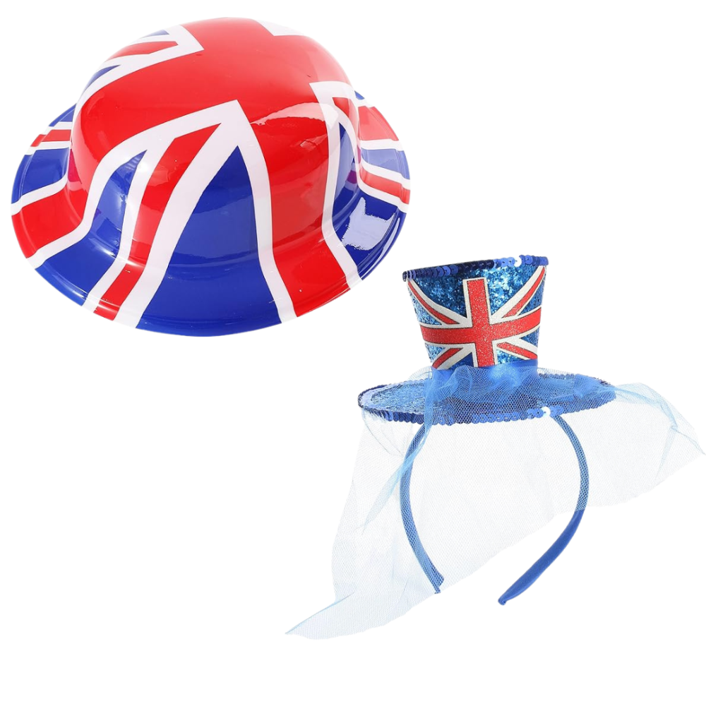 Union Jack Bowler Hat & Mini Top Hat Fascinator Set