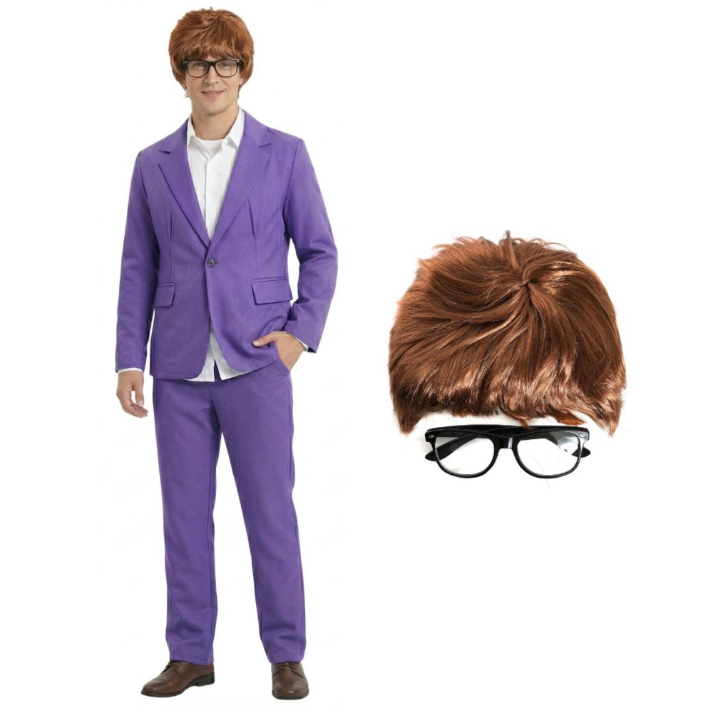 Click to view product details and reviews for Adults Groovy Spy Costume 4 Pcs Purple Jack Jacket Trousers Wig Glasses 2xl.