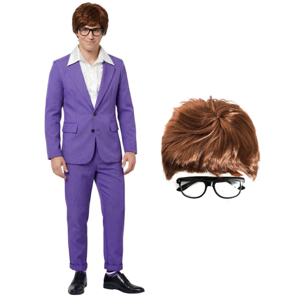 Click to view product details and reviews for Adults Groovy Spy Costume 5 Pcs Purple Jack Jacket Shirt Trousers Wig Glasses Large.