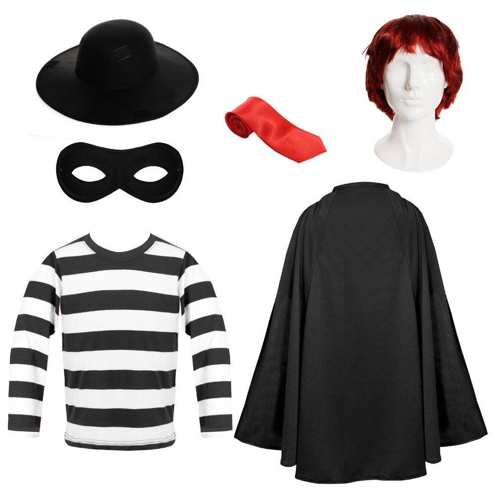 Click to view product details and reviews for Childs Burger Burglar Costume 6 Pcs Striped Top Eye Mask Hat Tie Wig Black Cape Large.