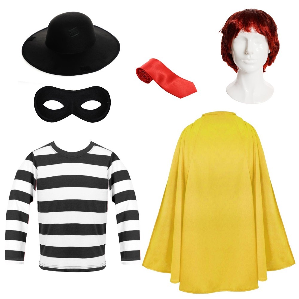 Click to view product details and reviews for Childs Burger Burglar Costume 6 Pcs Striped Top Eye Mask Hat Tie Wig Yellow Cape Large.