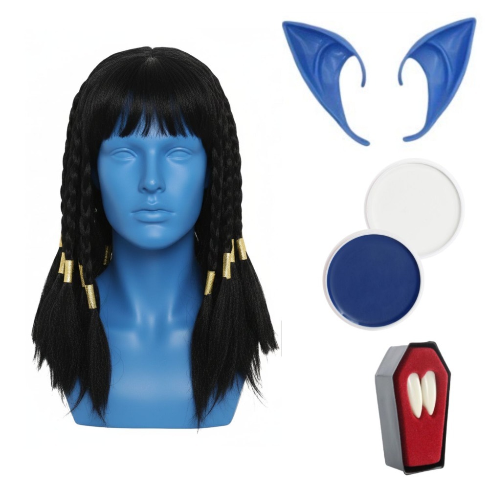 Click to view product details and reviews for Adults Blue Alien Warrior Costume Set 5 Pcs Wig Ears Fangs Blue White Face Paint.
