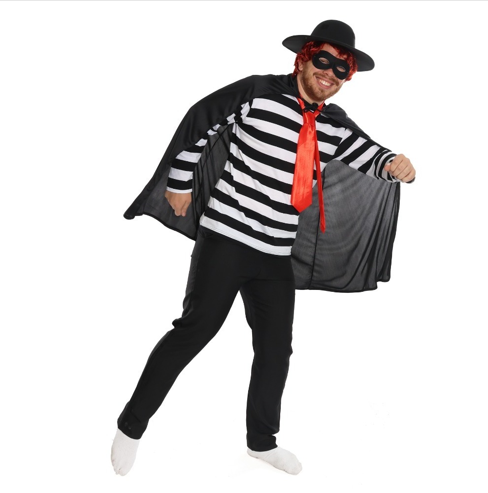Click to view product details and reviews for Adults Burger Burglar Costume 6 Pcs Striped Top Eye Mask Hat Tie Wig Black Cape Large.
