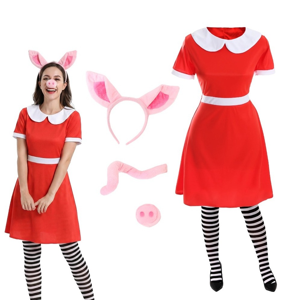 Click to view product details and reviews for Ladies Olivia Pig Costume 5 Pcs Dress Tights Ears Nose Tail Large.