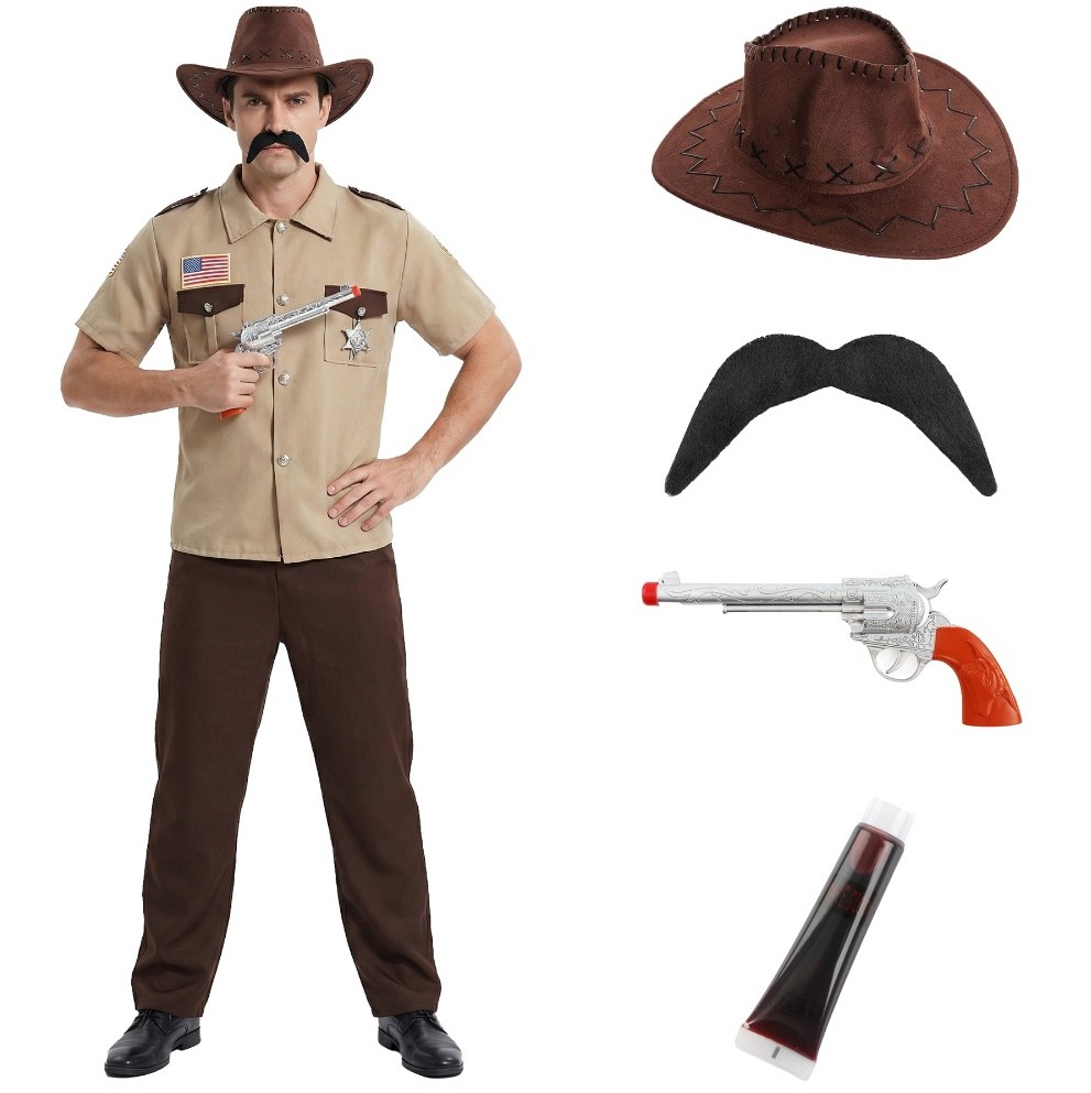 Click to view product details and reviews for Adults Stranger 80s Chief 5 Pcs Costume Hat Gun Prop Moustache Blood Large.