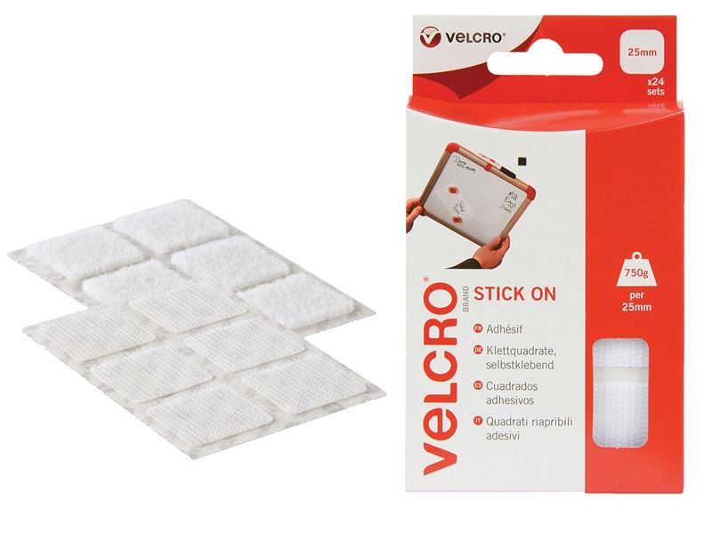 VELCRO� Brand Stick On Squares 25mm White Pack of 24 VEL60235