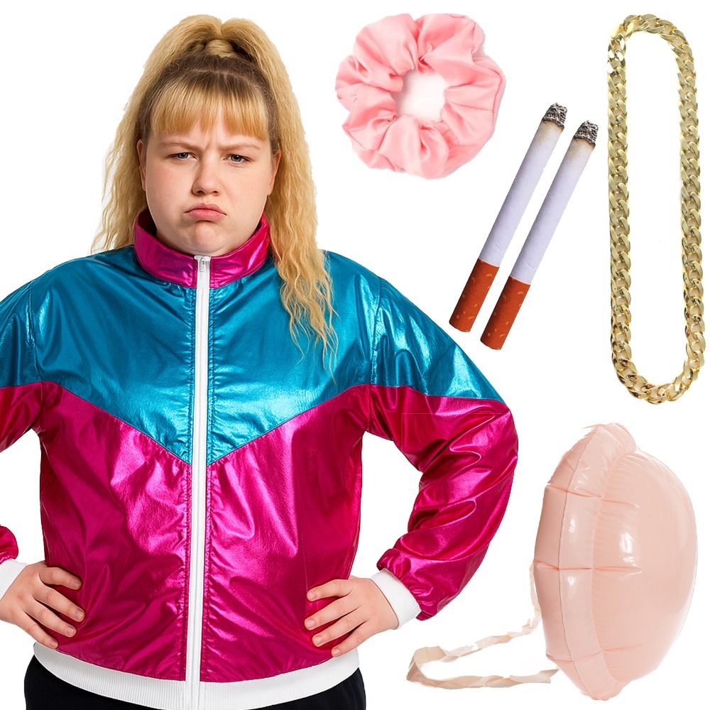 Click to view product details and reviews for Adults Pregnant Vicky Pollard Costume 5 Pcs Shell Suit Inflatable Belly Chunky Chain Scrunchie Fake Cigarettes Xlarge.