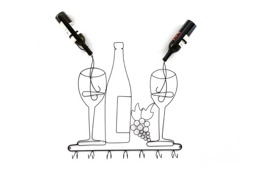 Wall Mounted Black Wire Wine Bottle Glass Holder