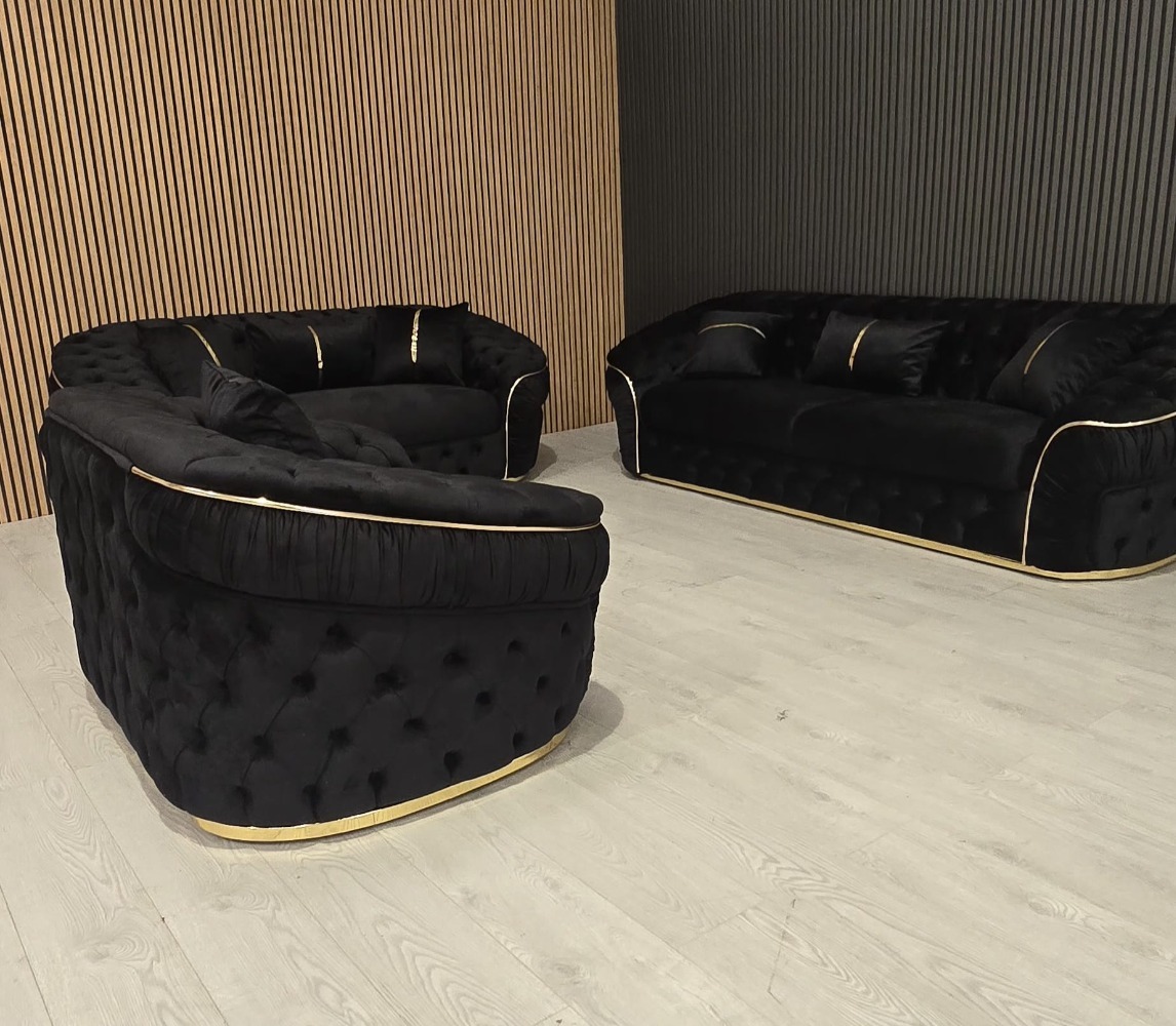 Ambassador 3+2+1 Seater In Black Velvet Gold Accent Plush Velvet