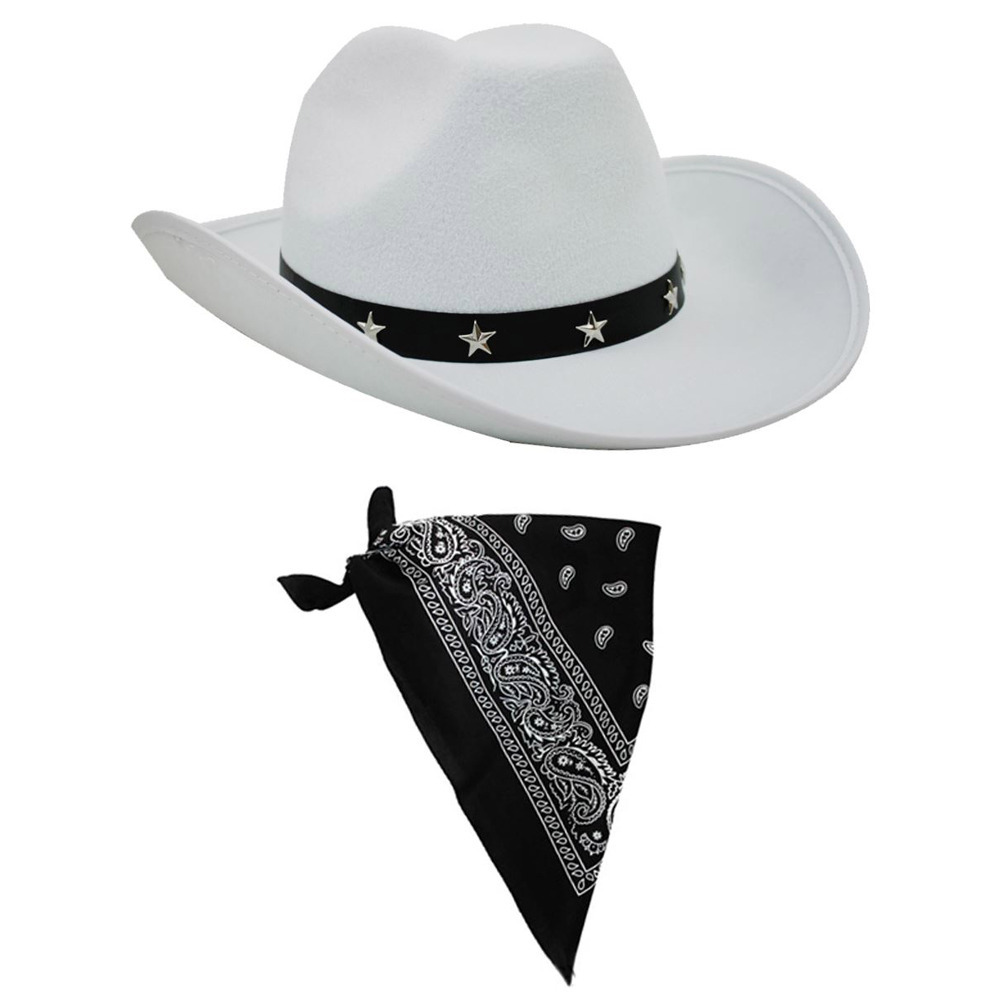 Click to view product details and reviews for White Cowboy Hat With Black Paisley Bandana Set.