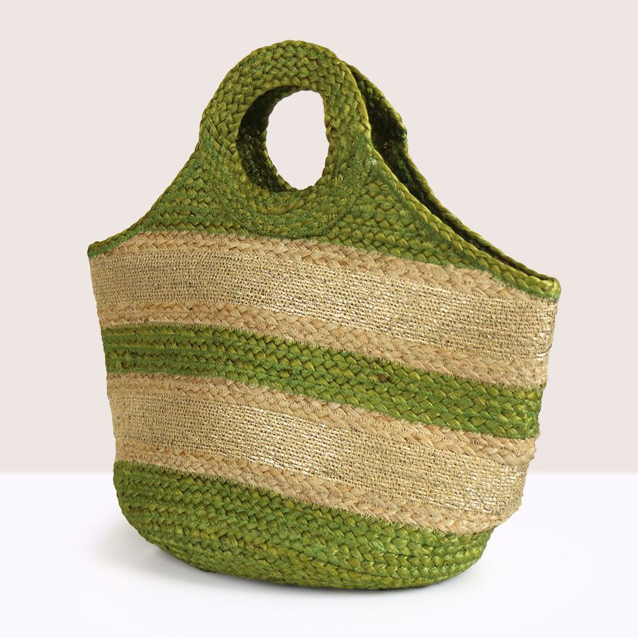 Women Jute Bag Beach Shopping Holiday Hand Bags Large Stripe Round Handle Green