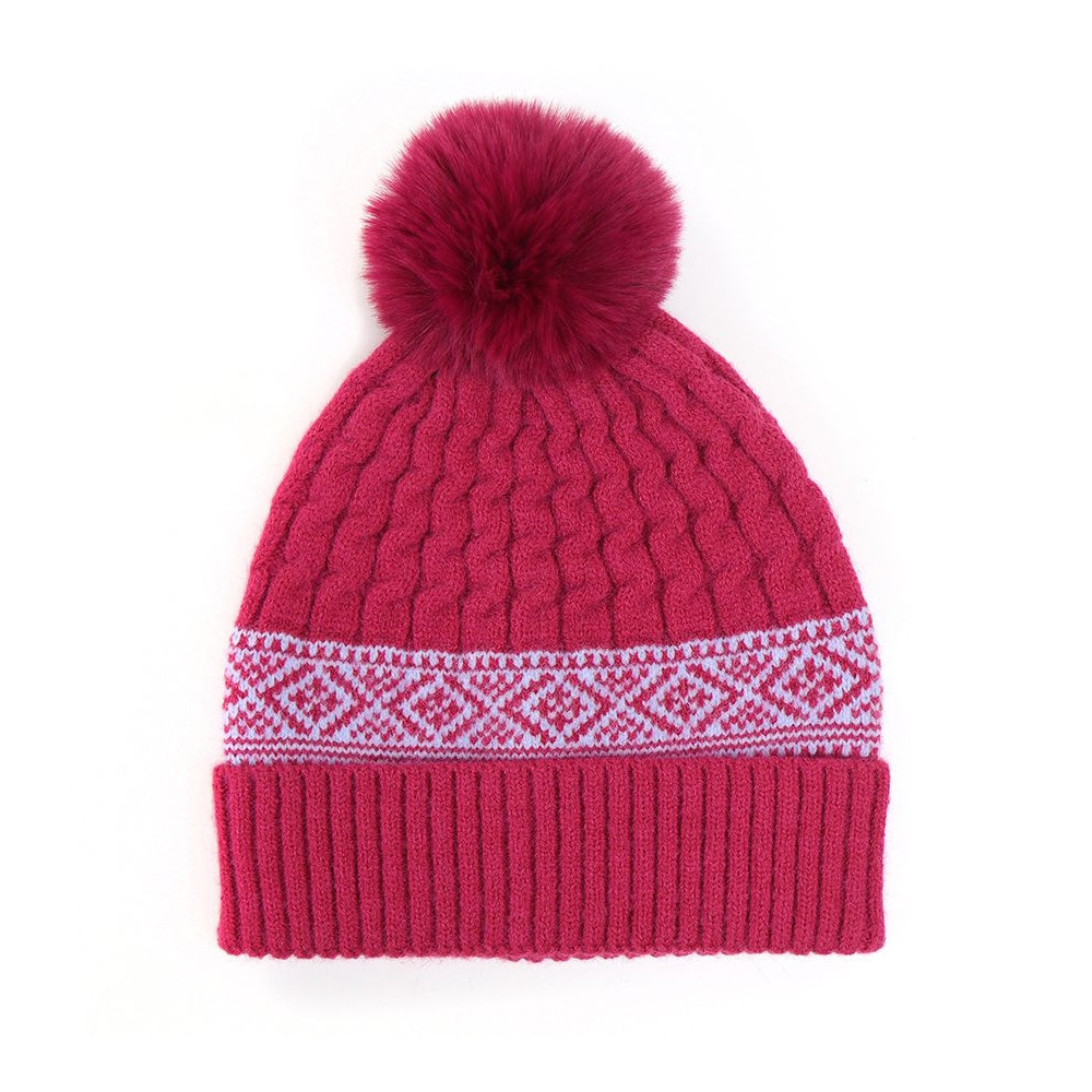 Womens Bobble Hat Ladies Faux Fur Rich Pink Diamond Border Pom Pom One Size