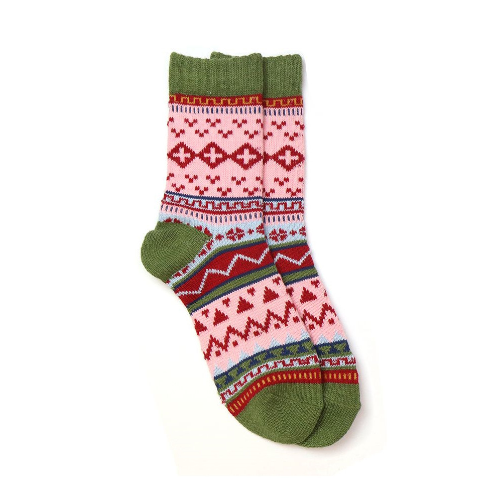 Womens Knitted Socks Winter Ladies Olive and Pink Mix Fair Isle 4-7 UK Size