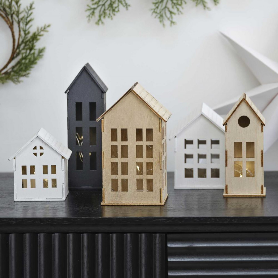 Click to view product details and reviews for Mini Wooden Light Up Christmas Houses Contemporary Mantlepiece Decorations X 5.